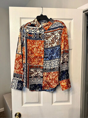 inmod Women's Patchwork Geometric Button Down Orange & Blue Small NWOT